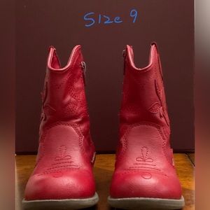 Red cowgirl/boy boots with side zipper. Cute boots that won’t break your bank.